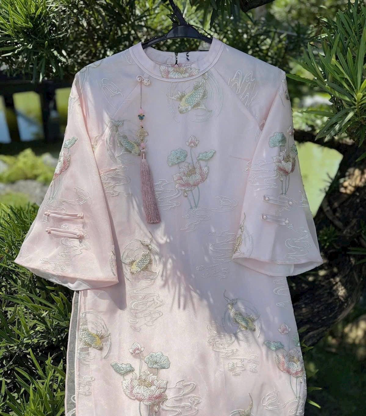 Vietnamese ao dai embroiled NguSen pink design aodai, pants included