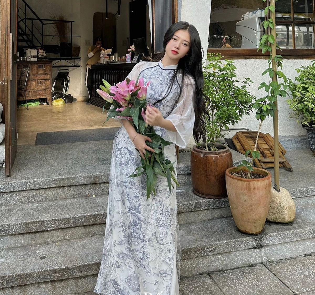 Vietnamese navy blue aodai floral, pants included