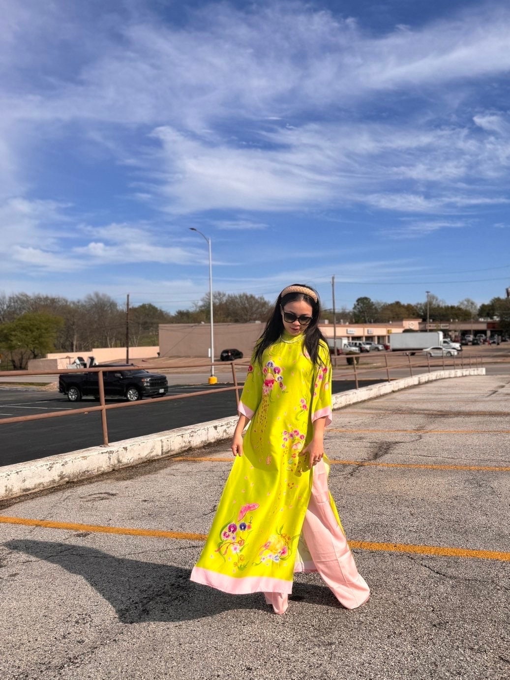 XuanChi Vietnamese ao dai yellow-green, pants included