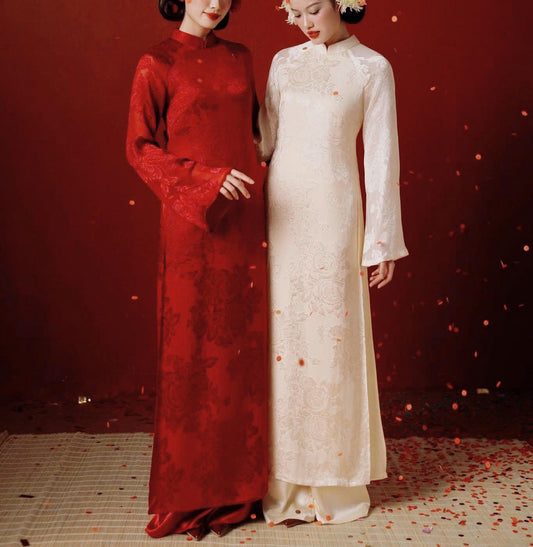 MocTra Vietnamese ao dai rose red or ivory, pants included