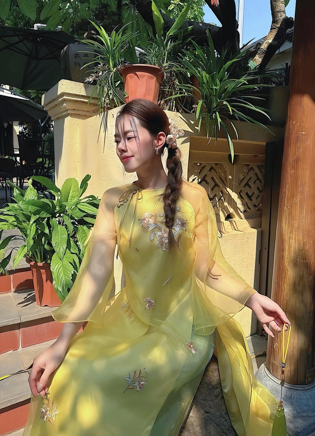Vietnamese ao dai Linny embroidery yellow aodai , pants included