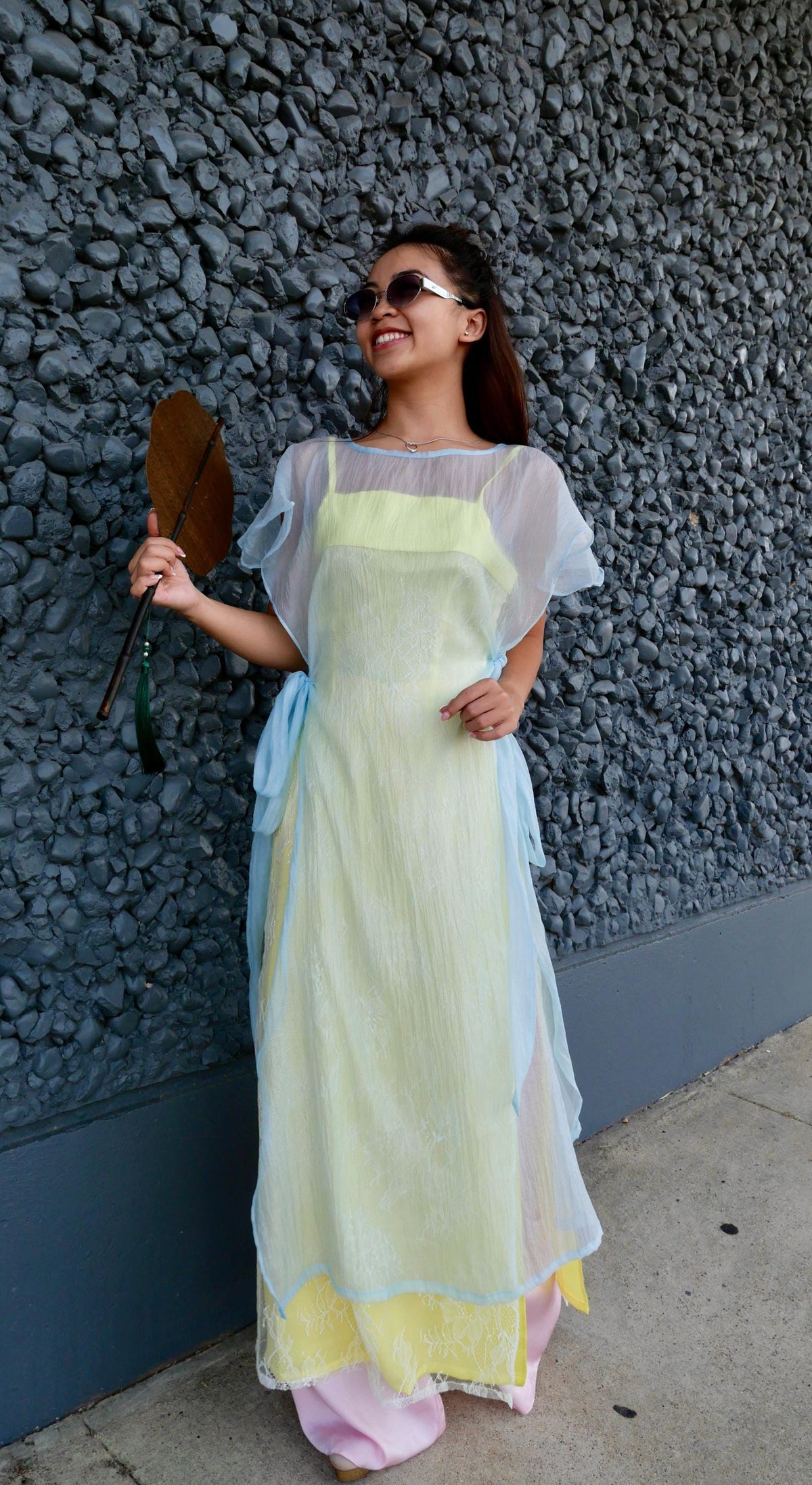 CachTanRen Vietnamese ao dai 2 pieces yellow or green, pants included