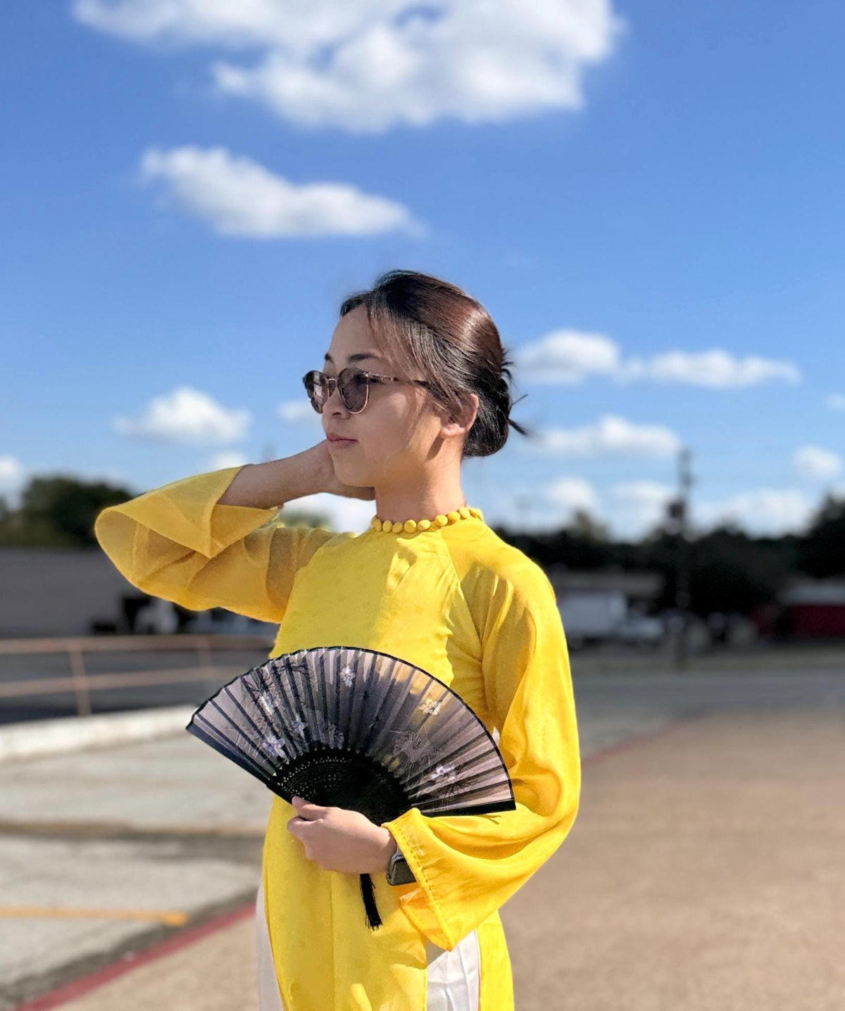 Vietnamese ao dai PolkaDot yellow, pants included