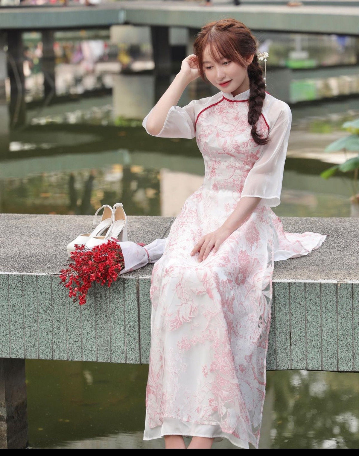 Vietnamese aodai VyLan pink red, pants included