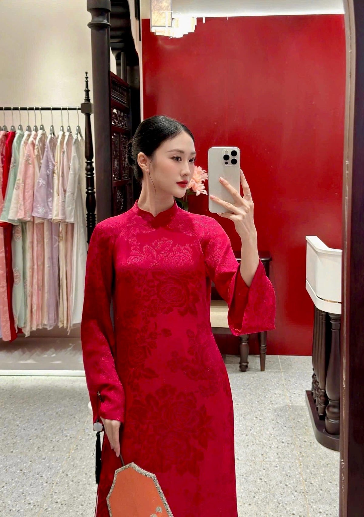 MocTra Vietnamese ao dai rose red or ivory, pants included