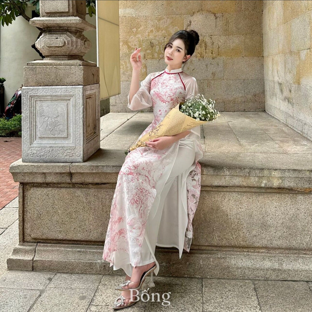 Vietnamese aodai VyLan pink red, pants included