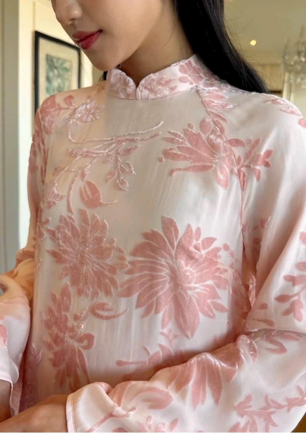 Vietnamese ao dai floral pink Velvet embossed aodai, pants included