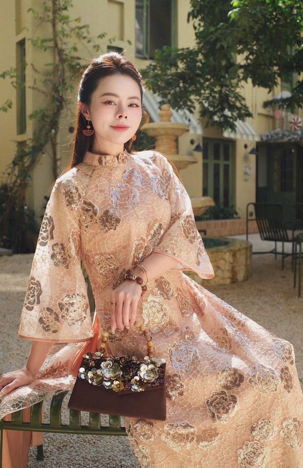 Flora Vietnamese ao dai brown sequins, pants included