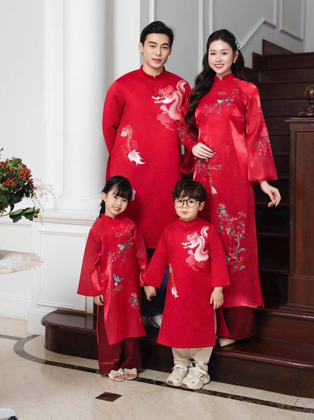 Vietnamese aodai for men embroided dragon grey/ red/ blue ao dai gam taffeta