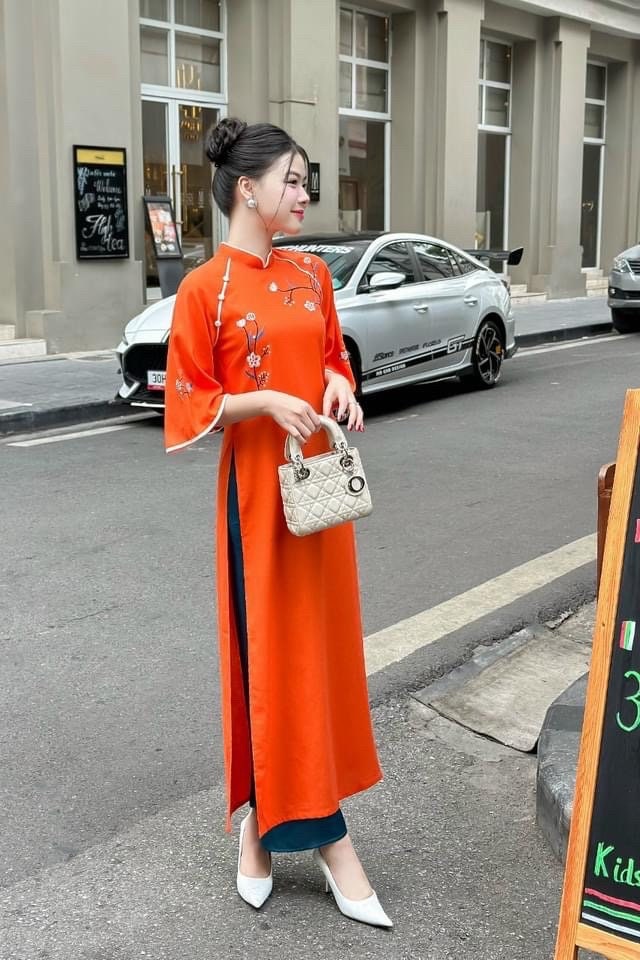 Linen Vietnamese embroidered aodai orange, pants included