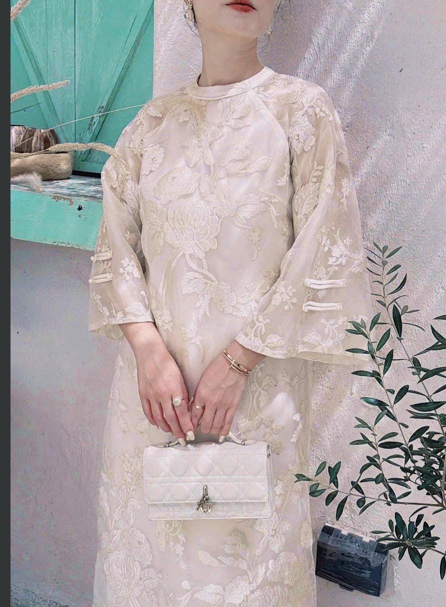 Vietnamese ao dai embroiled ThanhXuan beige aodai, pants included