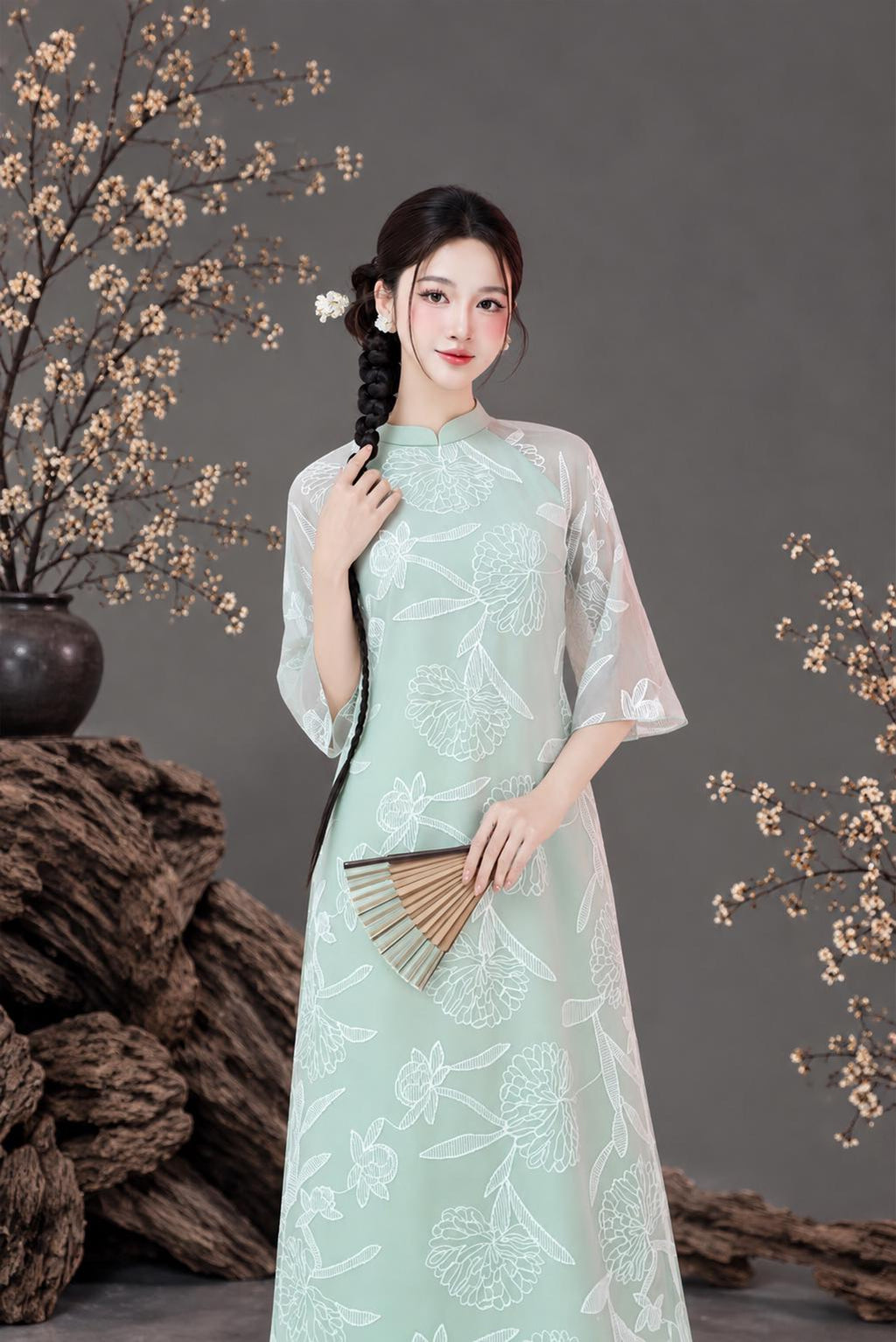 NgocHa Vietnamese ao dai embroidery mint green, pants included