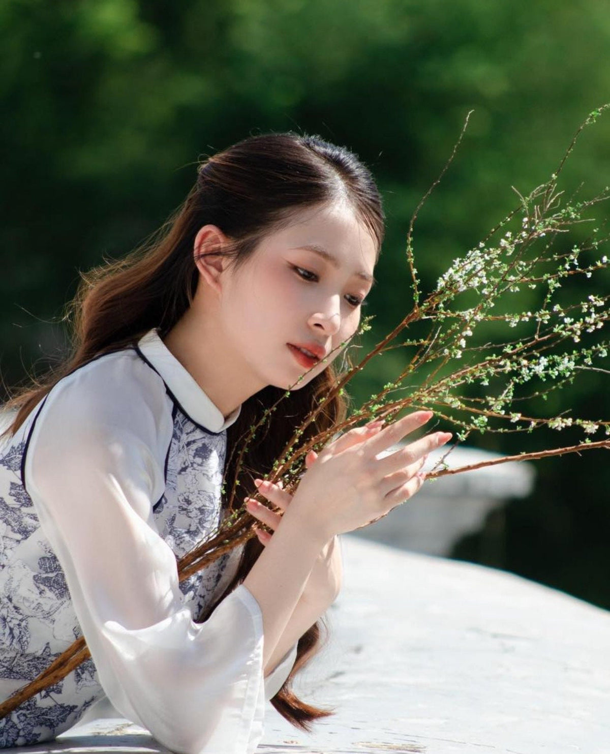 Vietnamese navy blue aodai floral, pants included