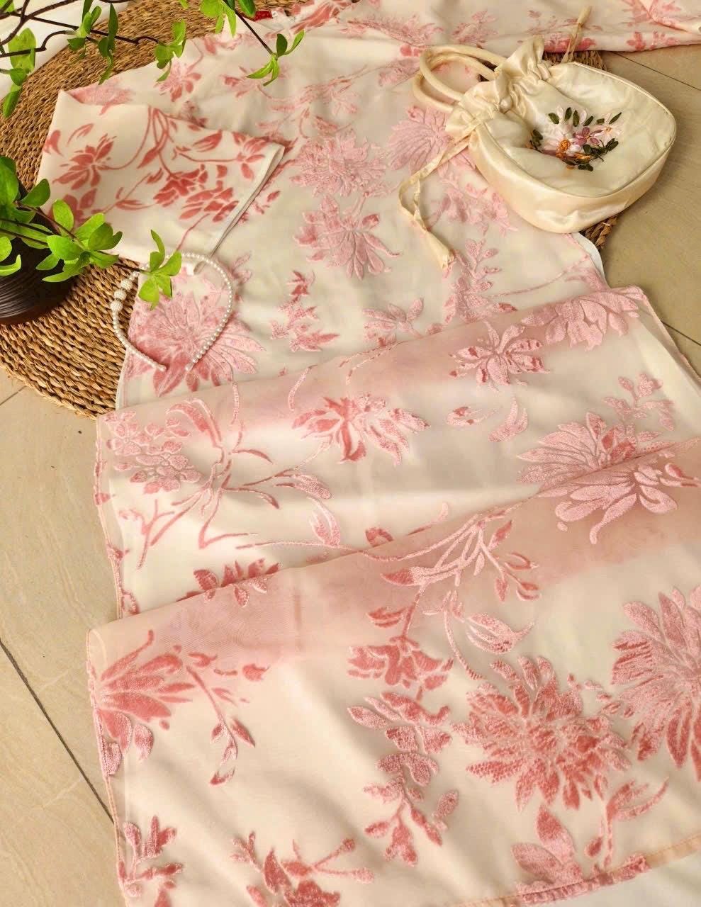 Vietnamese ao dai floral pink Velvet embossed aodai, pants included