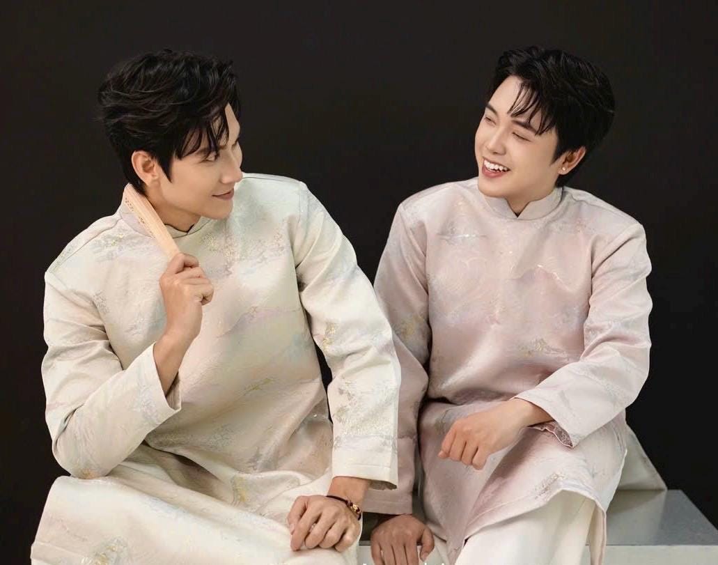 Vietnamese aodai for men Gam tafta VanMay ao dai light beige, light pink