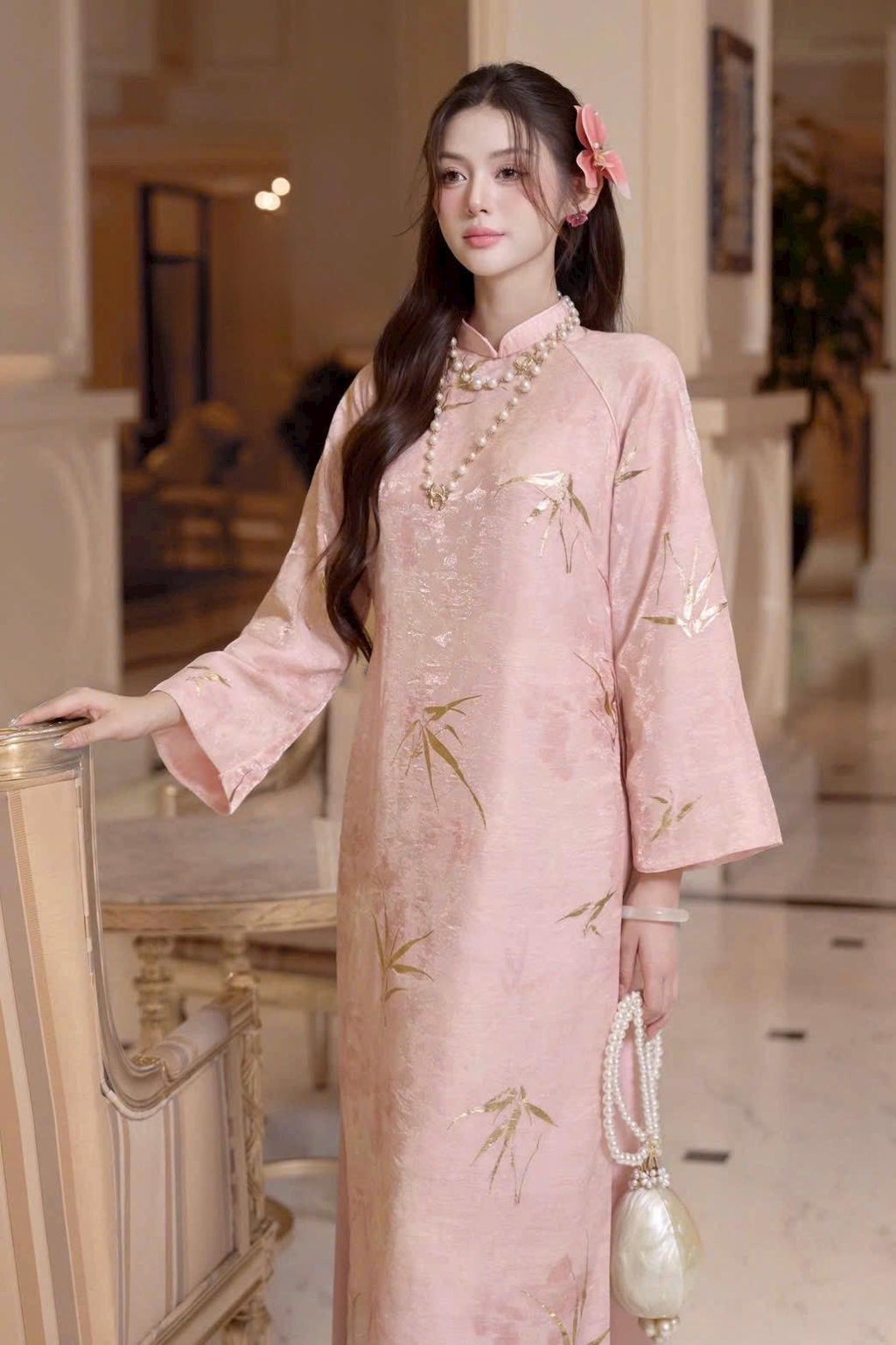 Vietnamese VanAn aodai pink LaTruc silk gold ao dai, pants included
