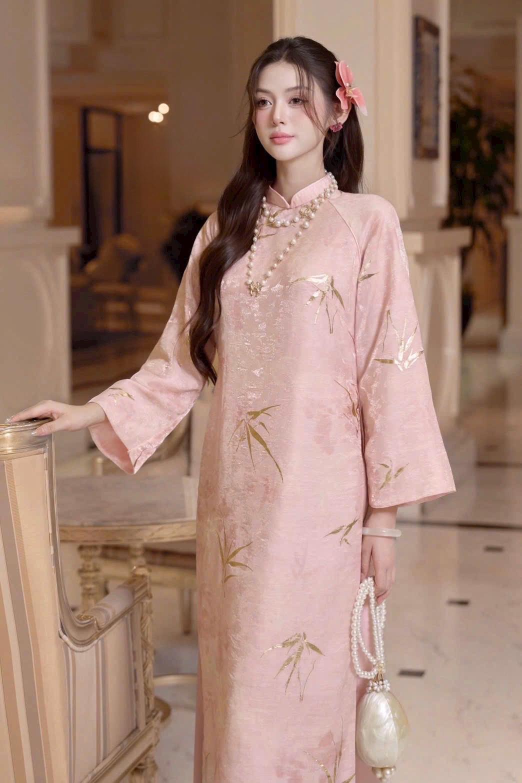 Vietnamese VanAn aodai pink LaTruc silk gold ao dai, pants included