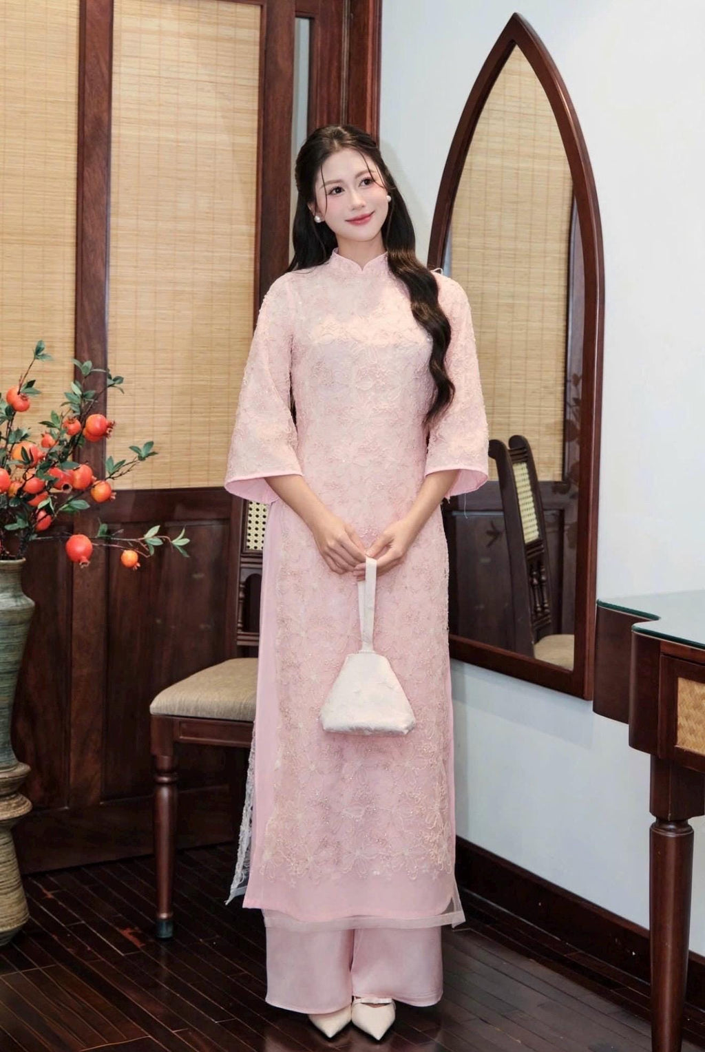 NhuHien Vietnamese aodai 3d floral in pink, creamy white or mint, pants included