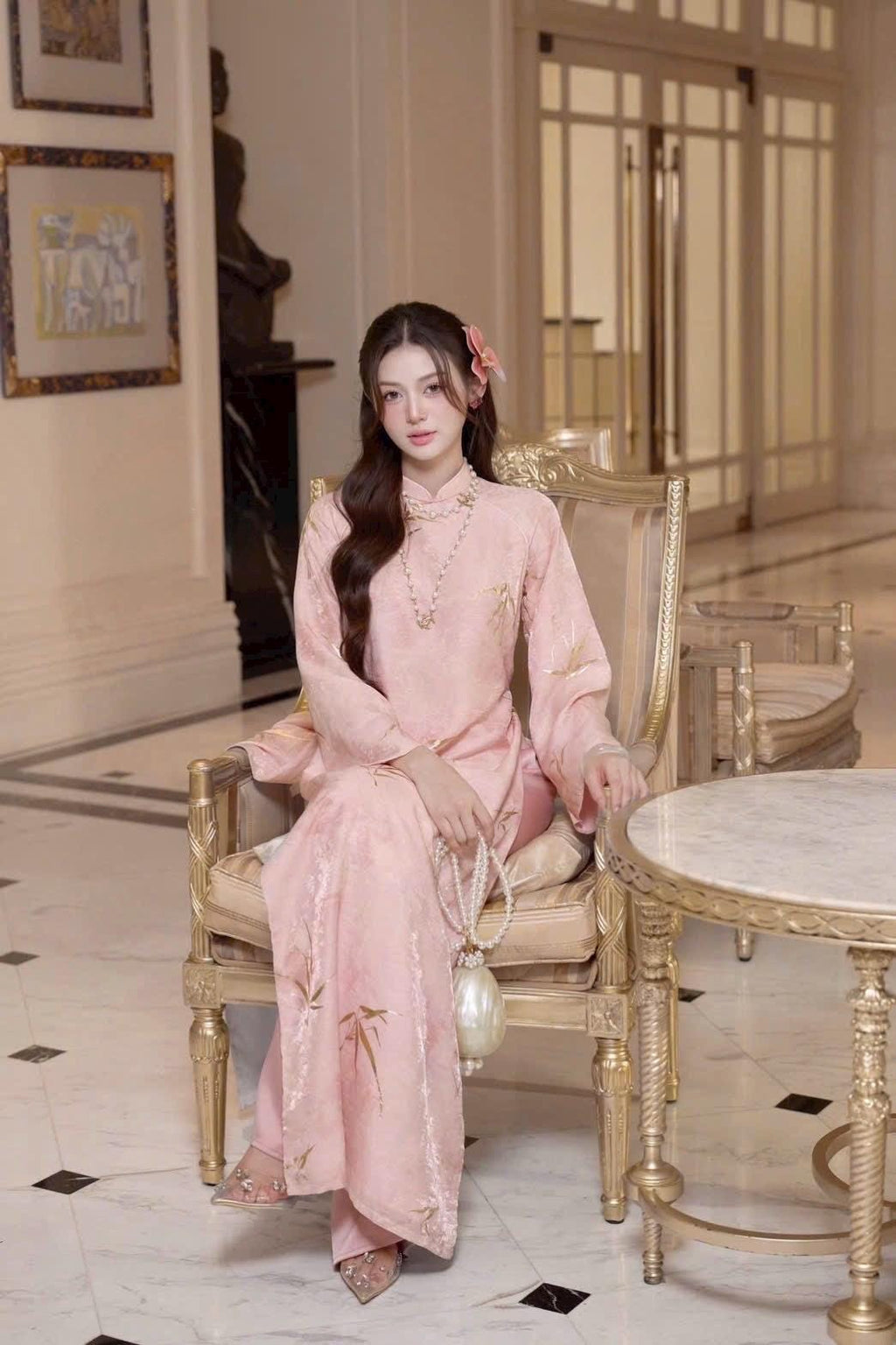 Vietnamese VanAn aodai pink LaTruc silk gold ao dai, pants included