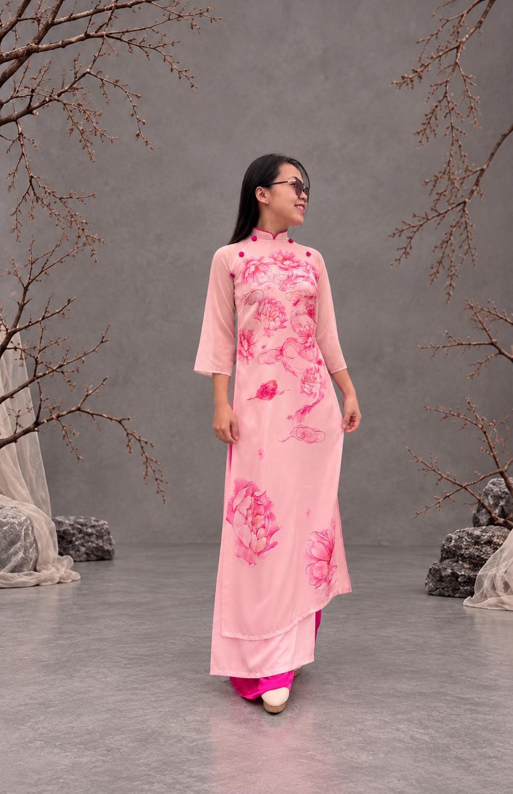 Vietnamese ao dai lotus pink, pants included