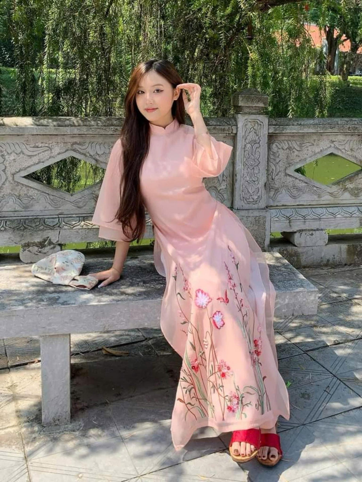 Vietnamese ao dai TienSa pink, pants included