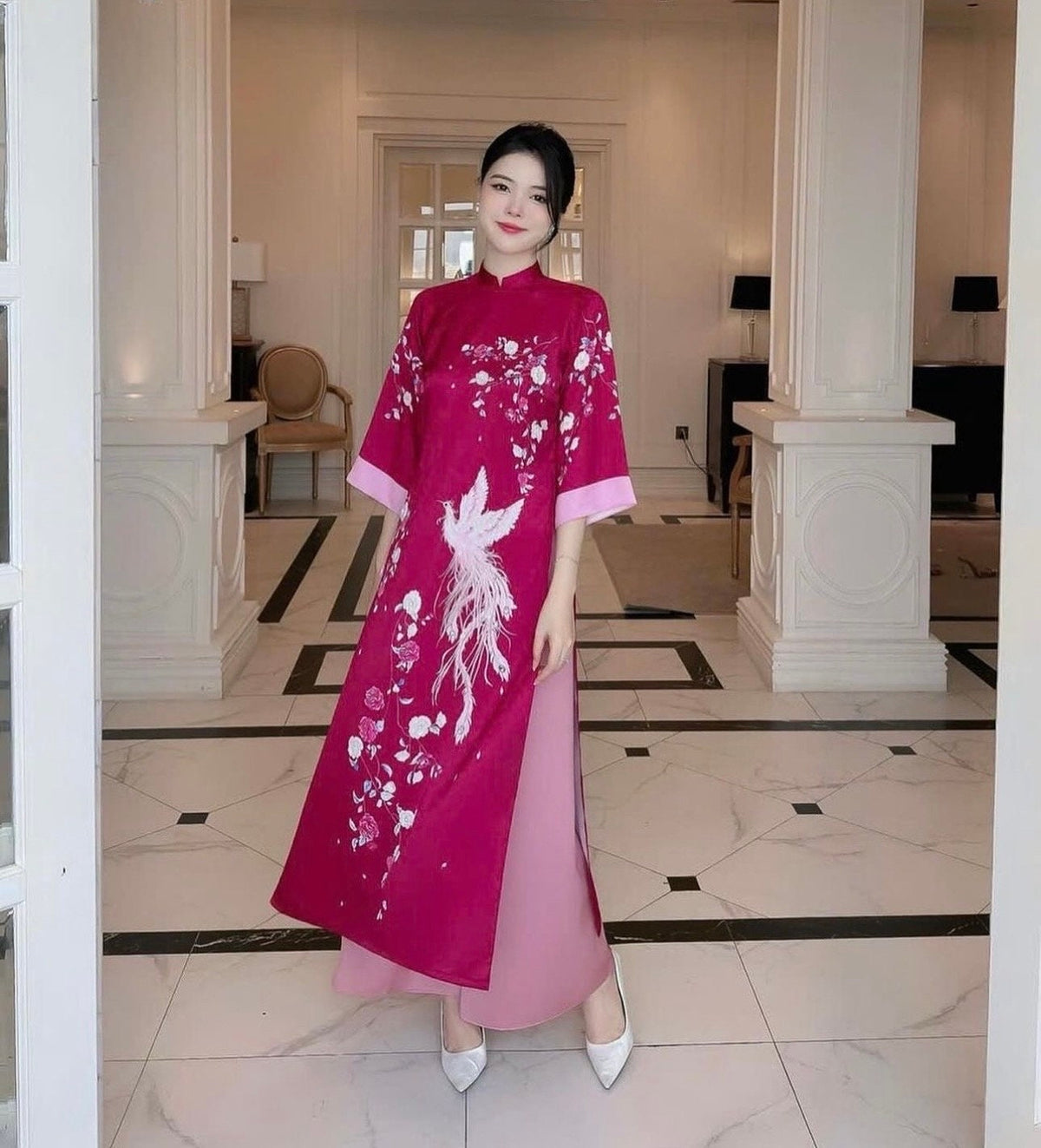 Vietnamese ao dai XuanHy dark pink loose style, pants included