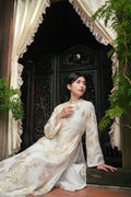 Vietnamese ao dai Rosey imprint 3D texture with gold aodai white relaxed style, pants included