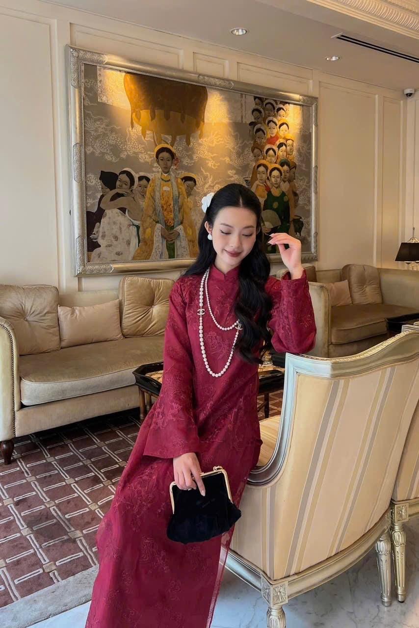 Vietnamese ao dai Moc embroidered burgundy, pants included