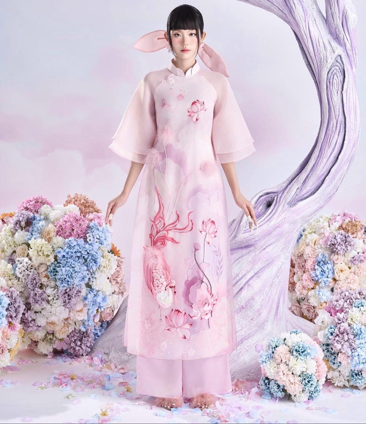 LKHac Vietnamese ao dai embroidery beaded pale pink aodai, pants included