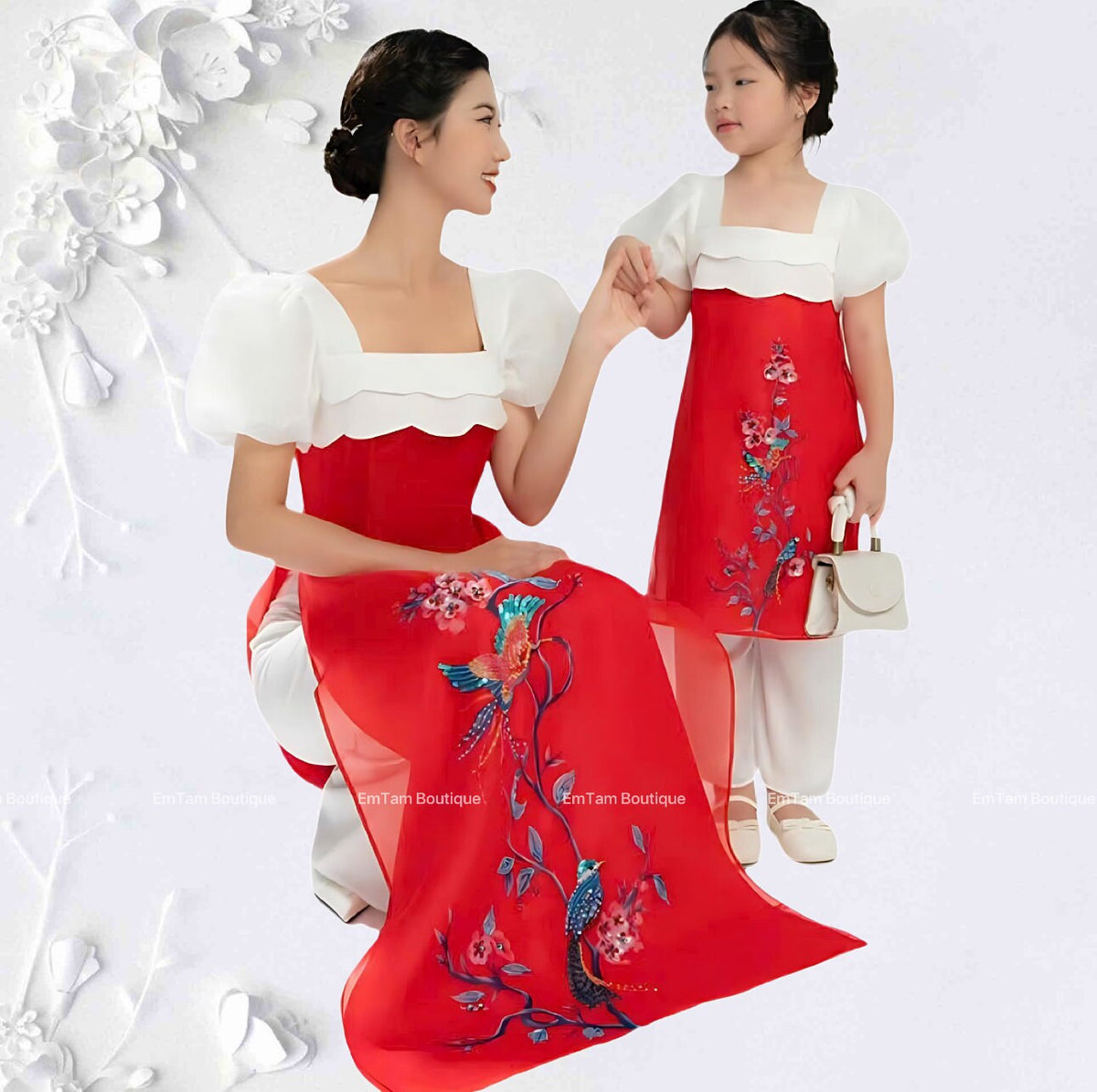 Tamy Vietnamese aodai red beaded, pants included