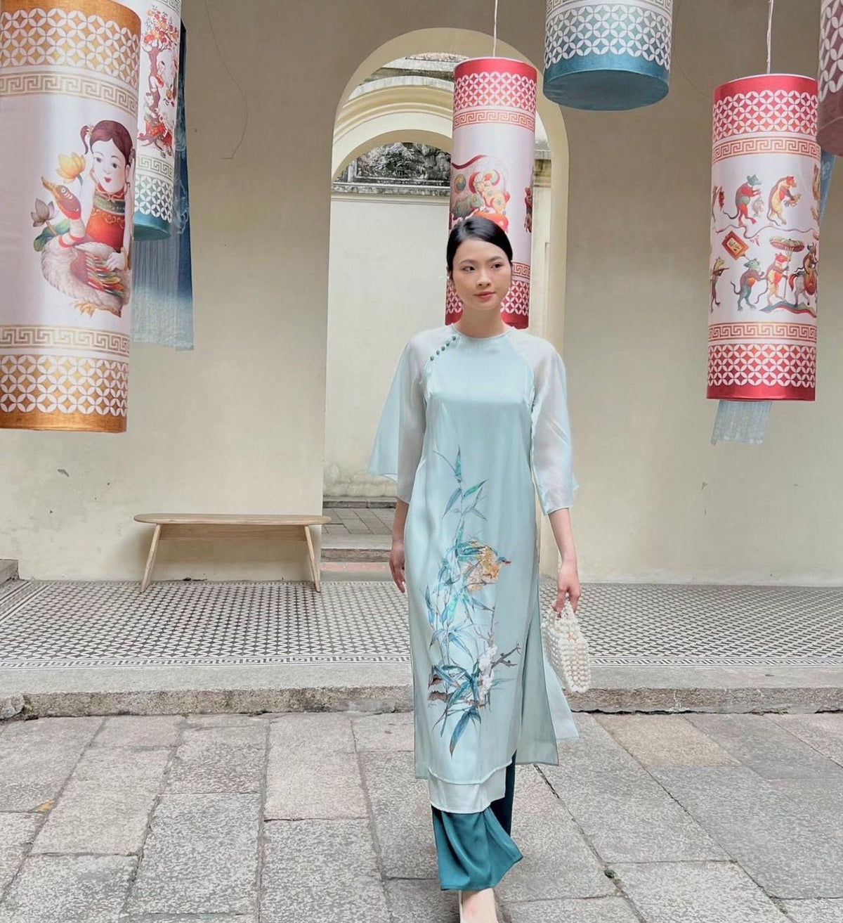 Vietnamese ao dai TrucVien green loose style, pants included
