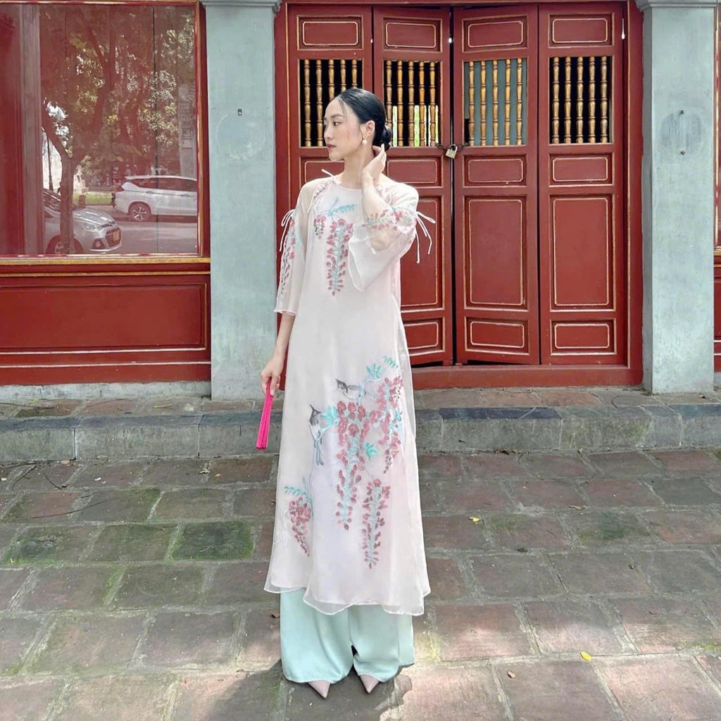 Vietnamese ao dai Vanny aodai pale pink embroidery, pants included