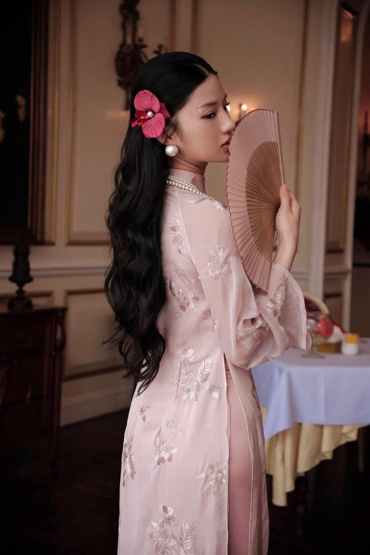 Vietnamese ao dai Havy embroidery pink aodai, pants included