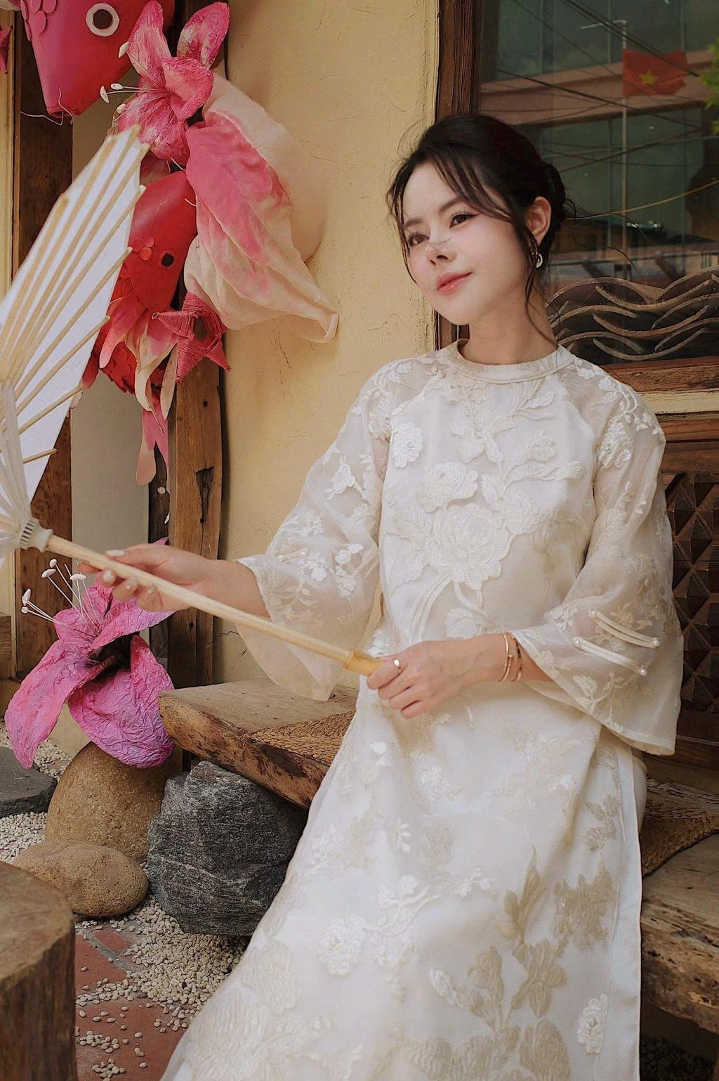 Vietnamese ao dai embroiled ThanhXuan beige aodai, pants included