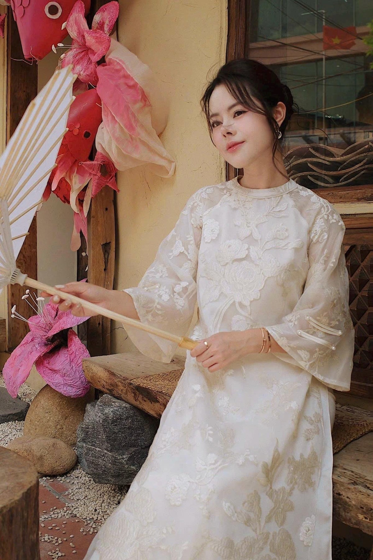 Vietnamese ao dai embroiled ThanhXuan beige aodai, pants included