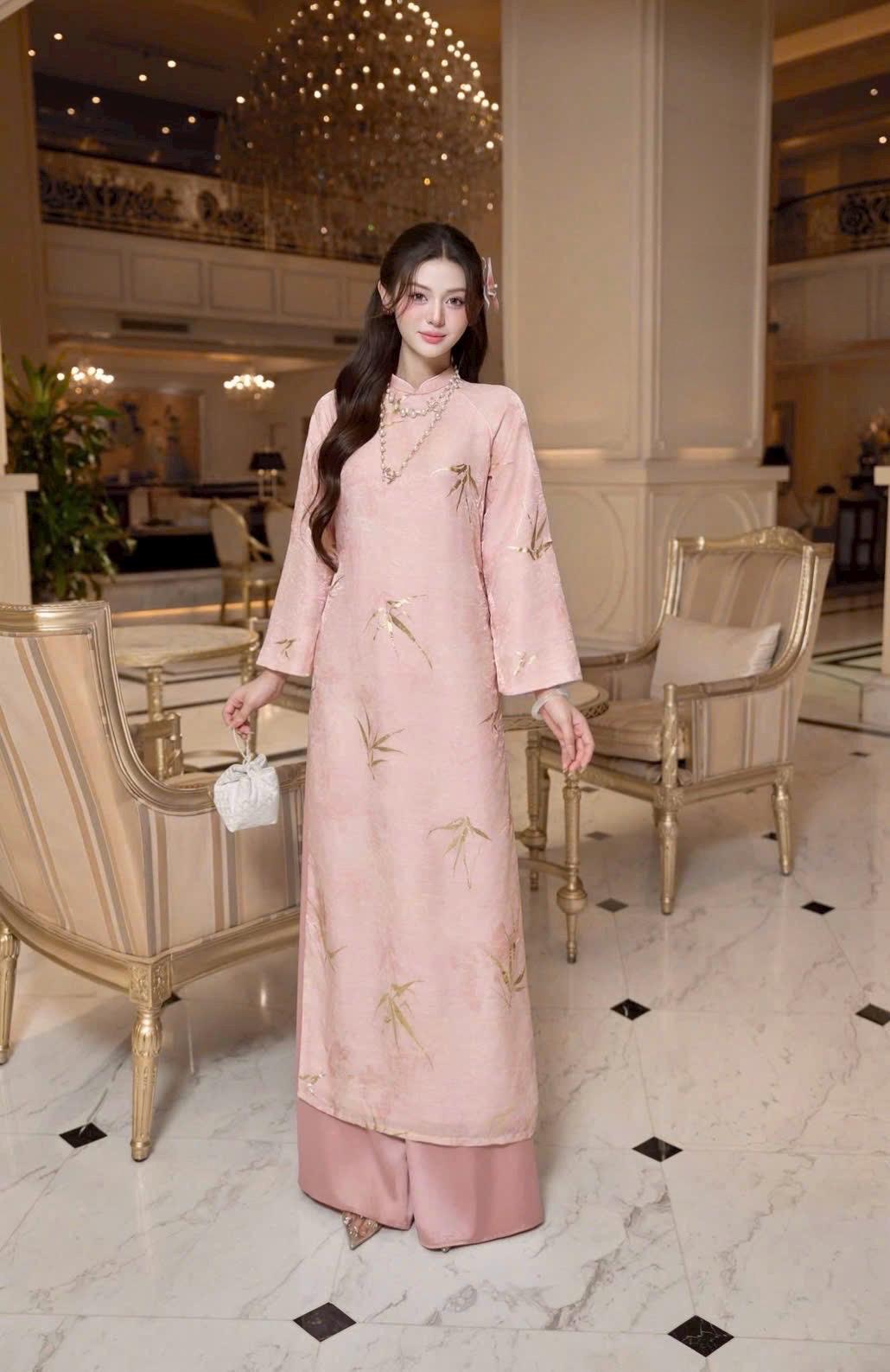 Vietnamese VanAn aodai pink LaTruc silk gold ao dai, pants included