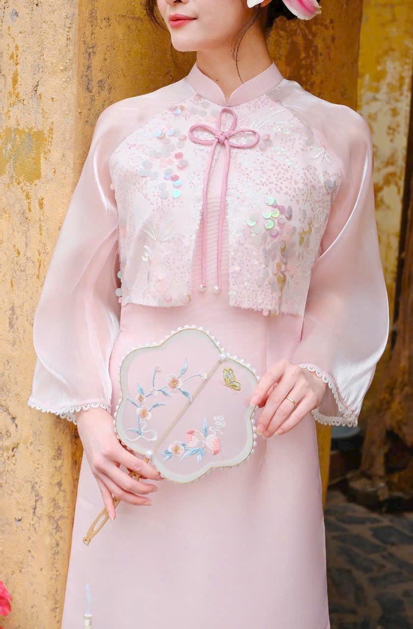 HongVy Vietnamese ao dai tafta sequins aodai pink, pants included