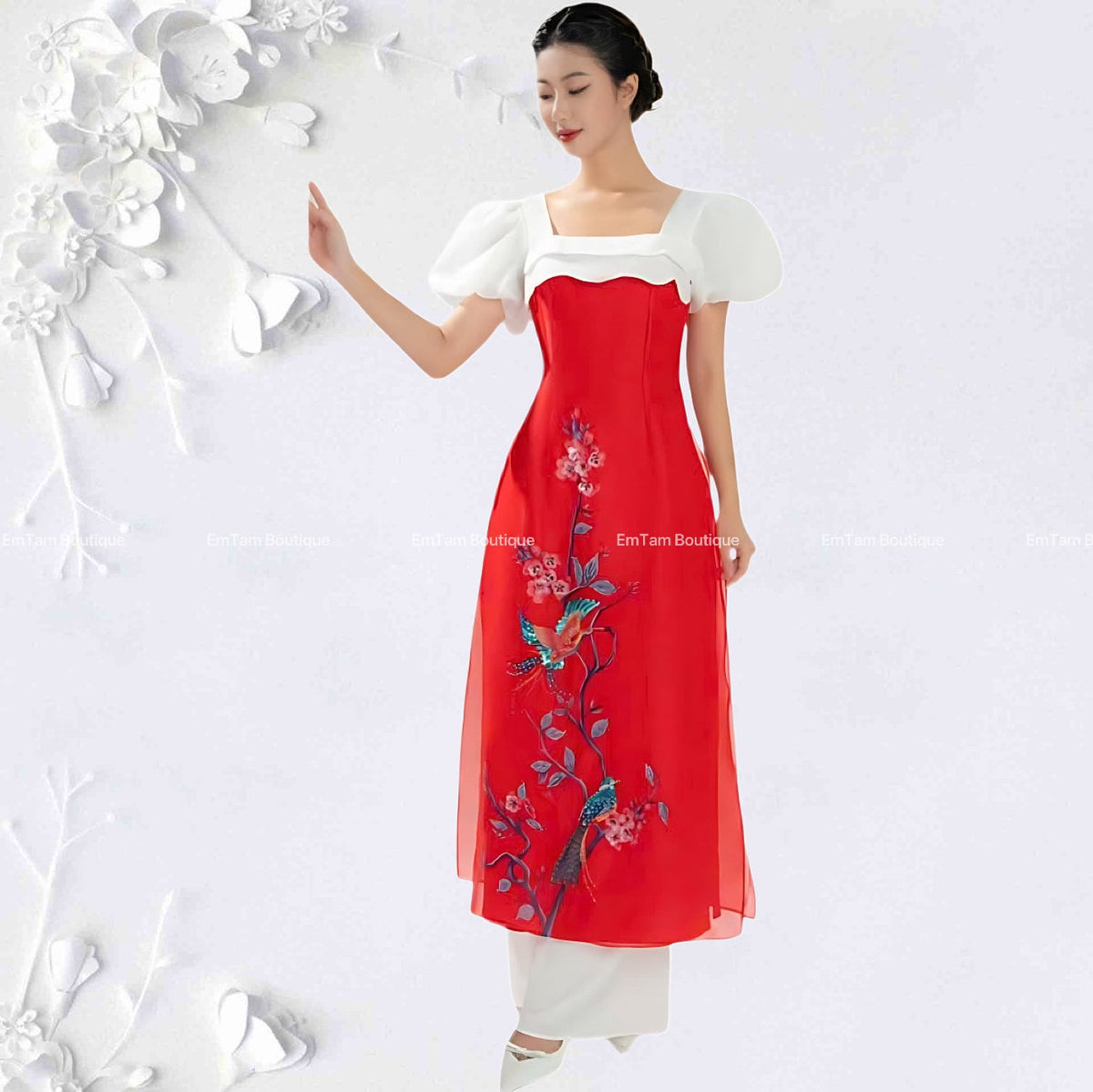Tamy Vietnamese aodai red beaded, pants included