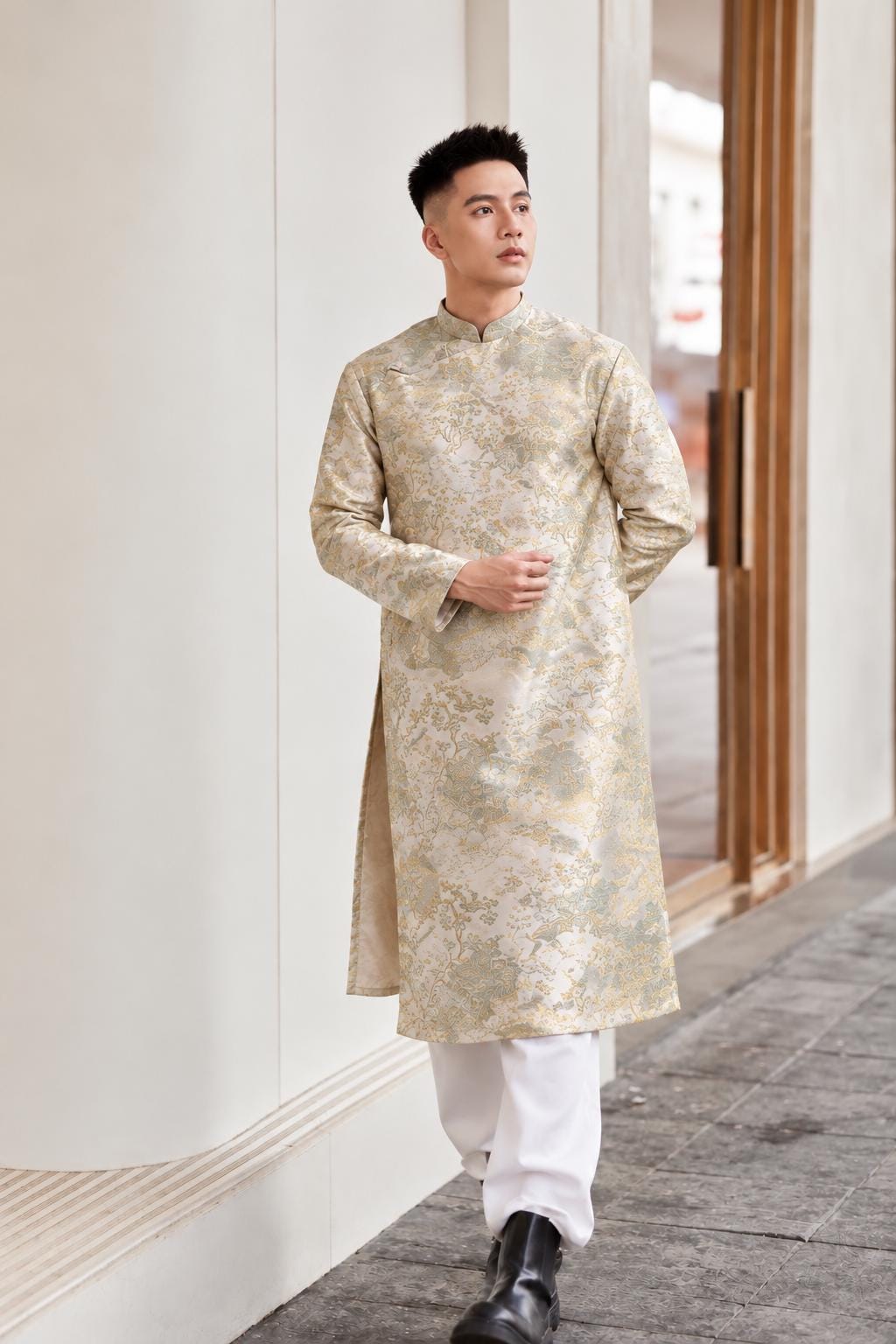 ThuyMac Vietnamese aodai for men tafta red, golden, black, cream