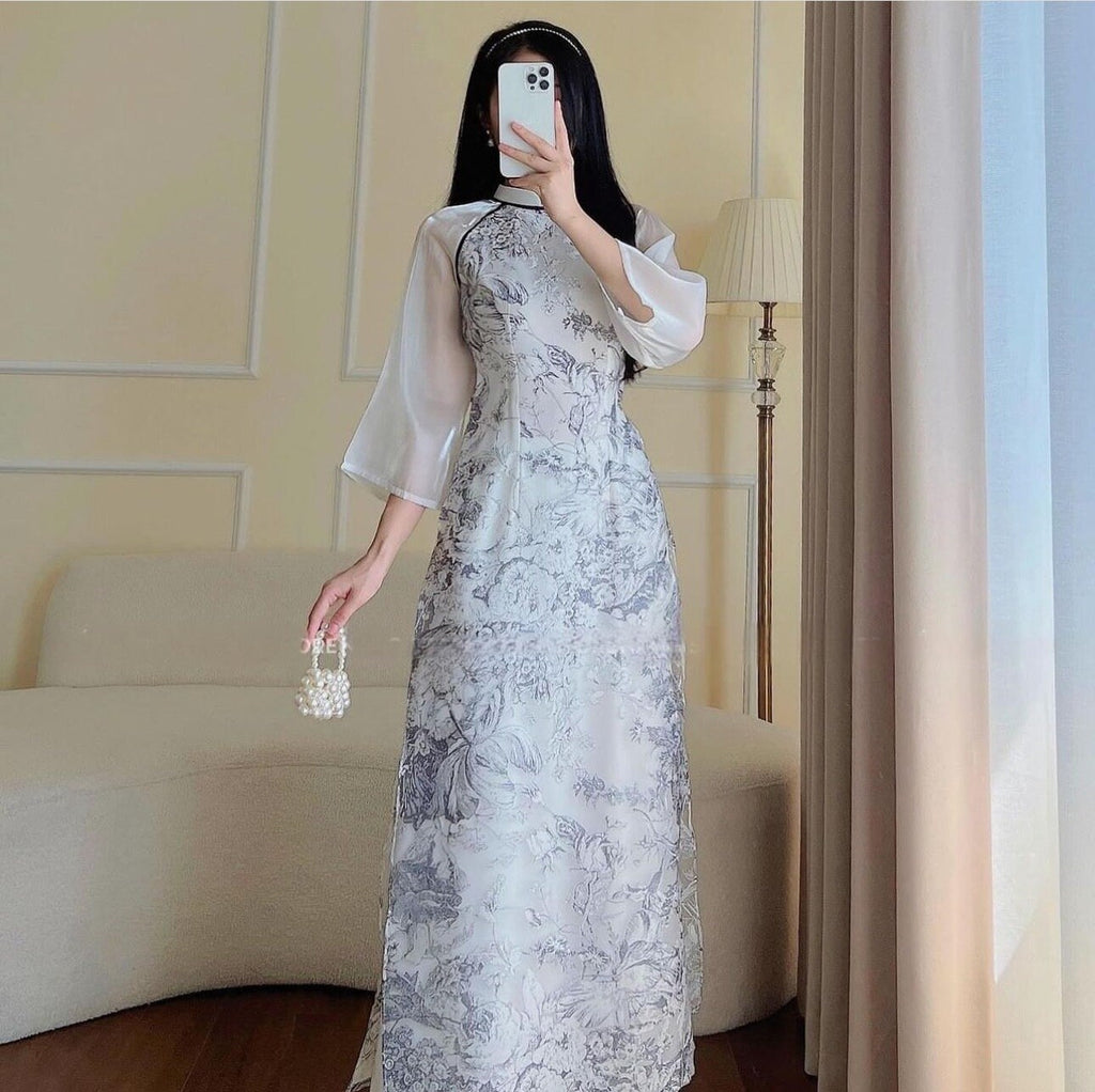 Vietnamese navy blue aodai floral, pants included