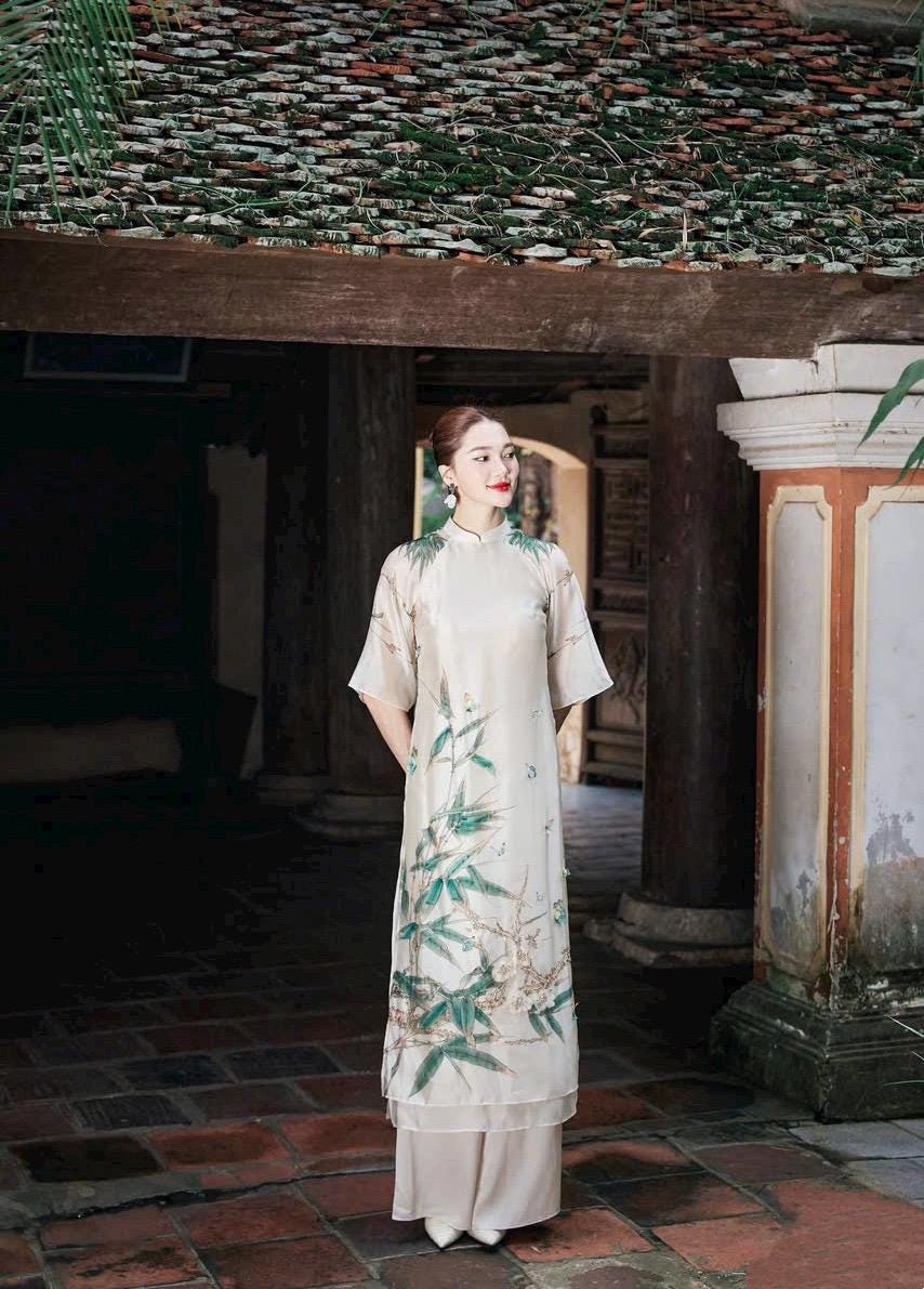 TrucHy Vietnamese ao dai ivory and blue, pants included
