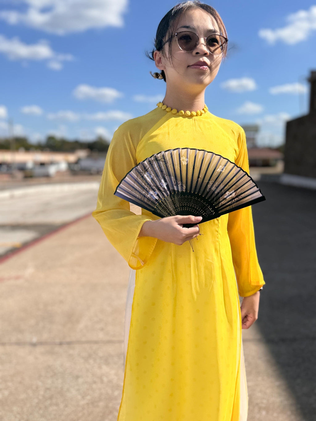 Vietnamese ao dai PolkaDot yellow, pants included