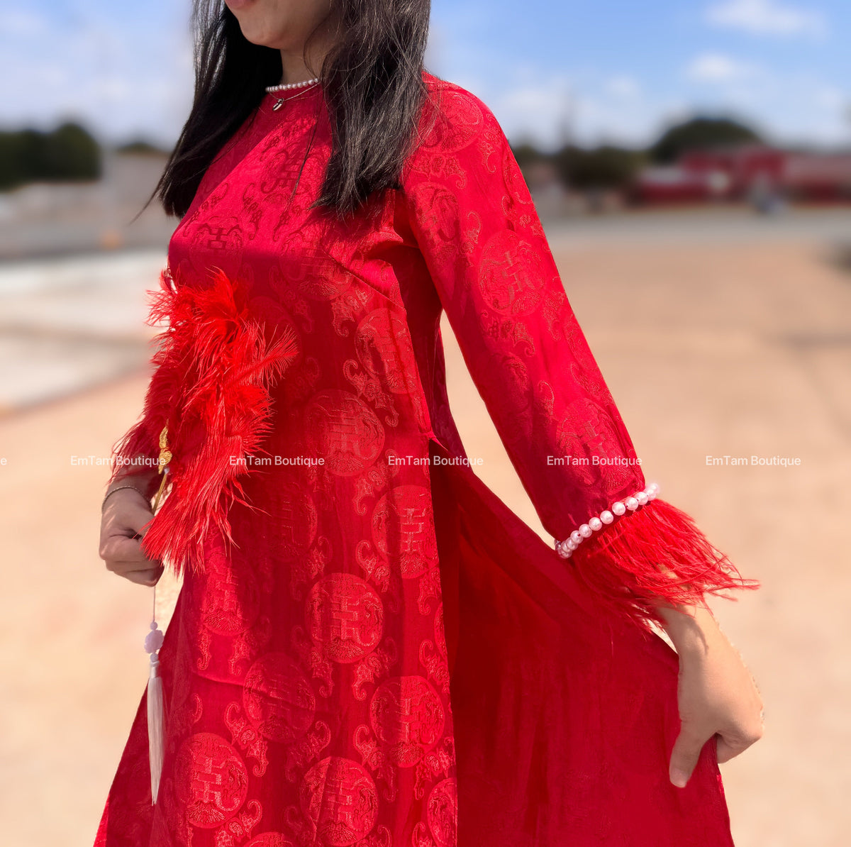 ThoDoi Vietnamese aodai red faux fur, pants included