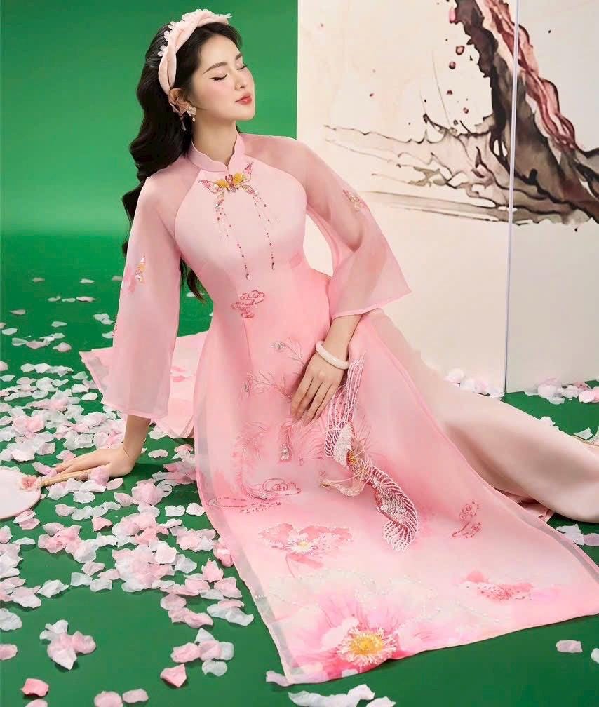 Vietnamese ao dai LK embroidery beaded pink phoenix aodai, pants included