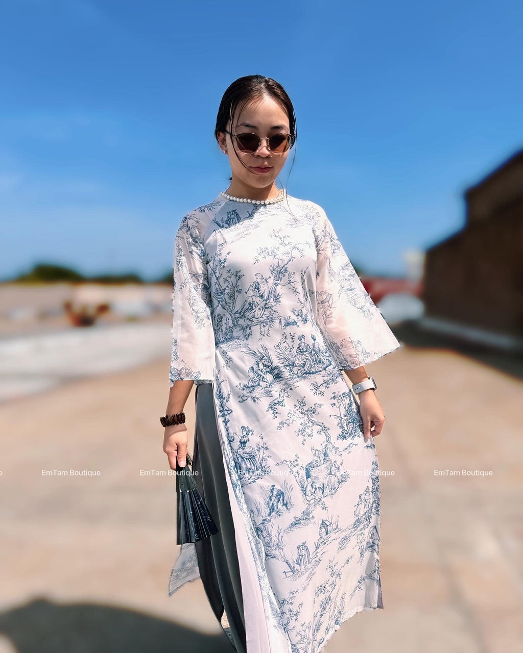 NgocTraj Vietnamese aodai with pearl grey, pants included
