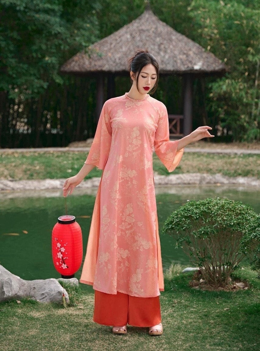 HoaY Vietnamese aodai peach, pants included