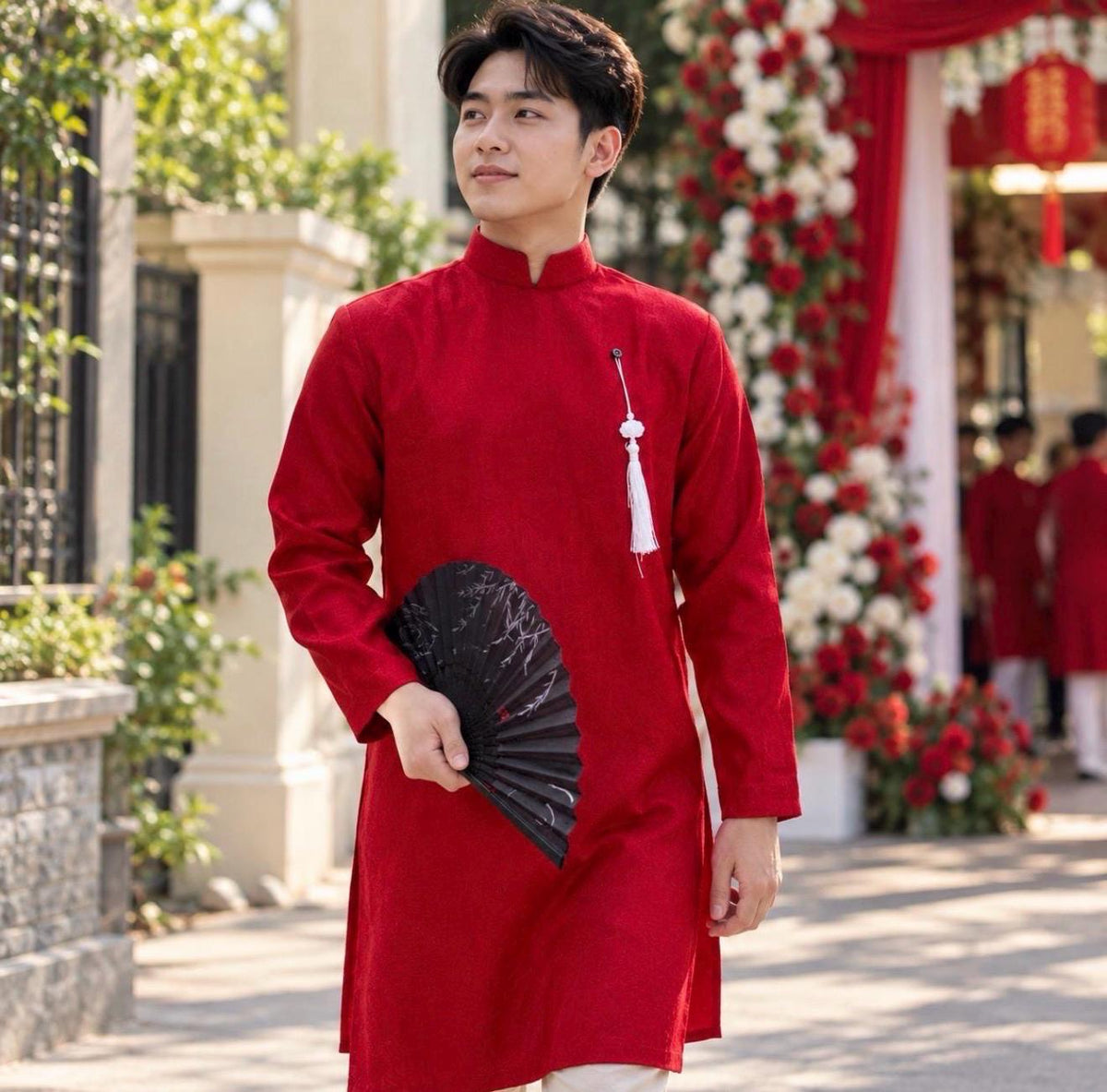 Vietnamese aodai for men Taffeta Soi white and red