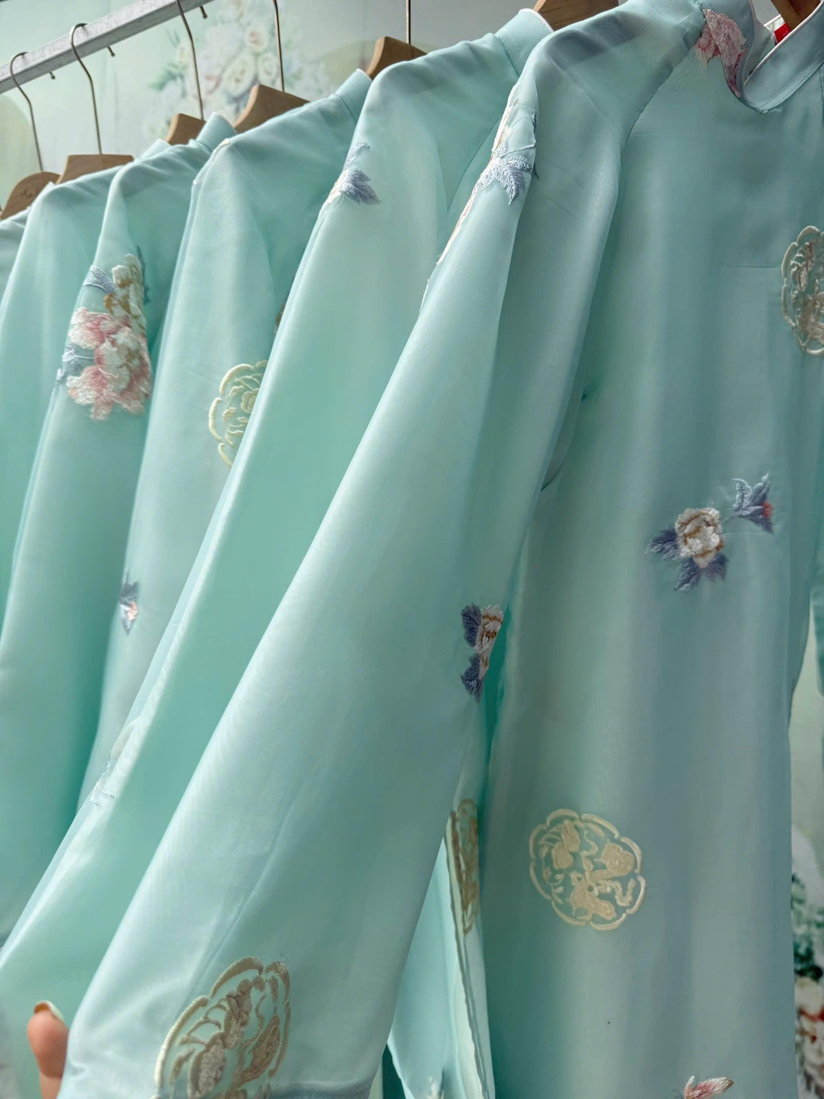 Vietnamese ao dai HoDiep mint embroidered aodai, pants included