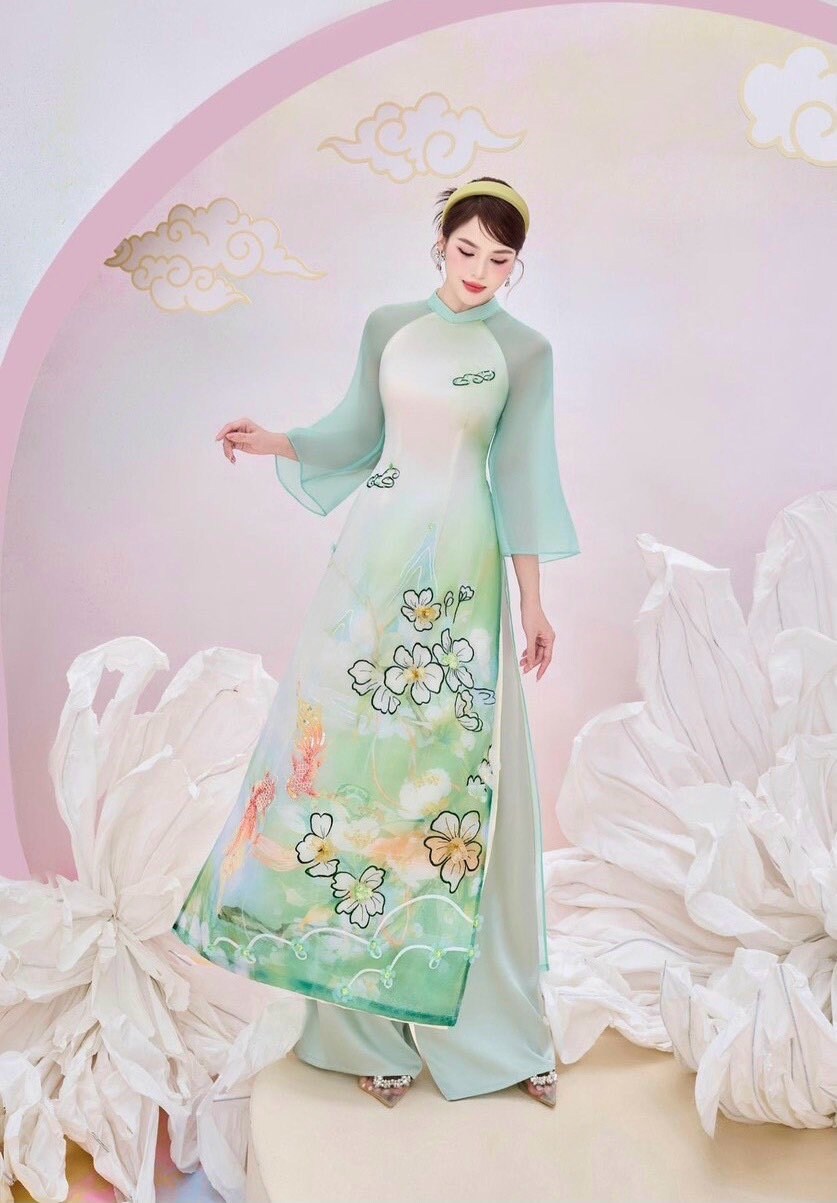 Vietnamese aodai SongNgu green, pants included