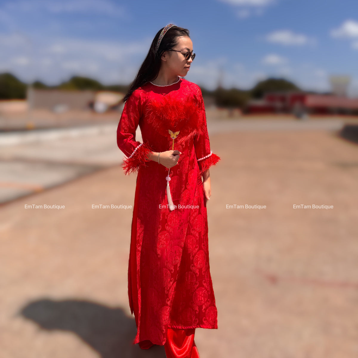 ThoDoi Vietnamese aodai red faux fur, pants included